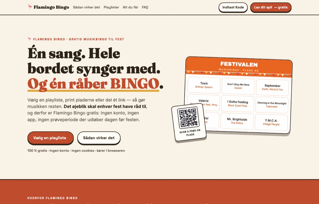 Forsiden af flamingobingo.dk: overskriften «Én sang. Hele bordet synger med. Og én råber BINGO.» med en bingoplade og et QR-bordkort ved siden af.