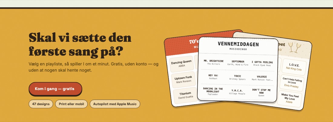 Tre bingoplader i forskellige designs — 70’er-fest, Vennemiddagen og et lyst tema — vist som en vifte.