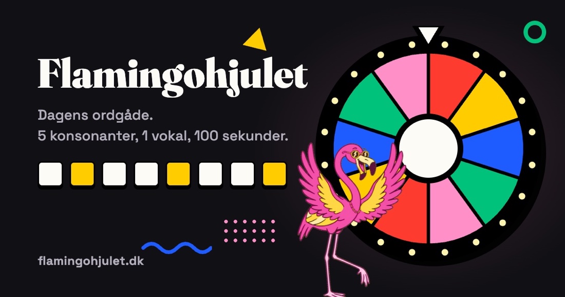 Flamingohjulets linkbillede: navnet, teksten «Dagens ordgåde. 5 konsonanter, 1 vokal, 100 sekunder.», hjulet i fem farver og en pink flamingo med solbriller.